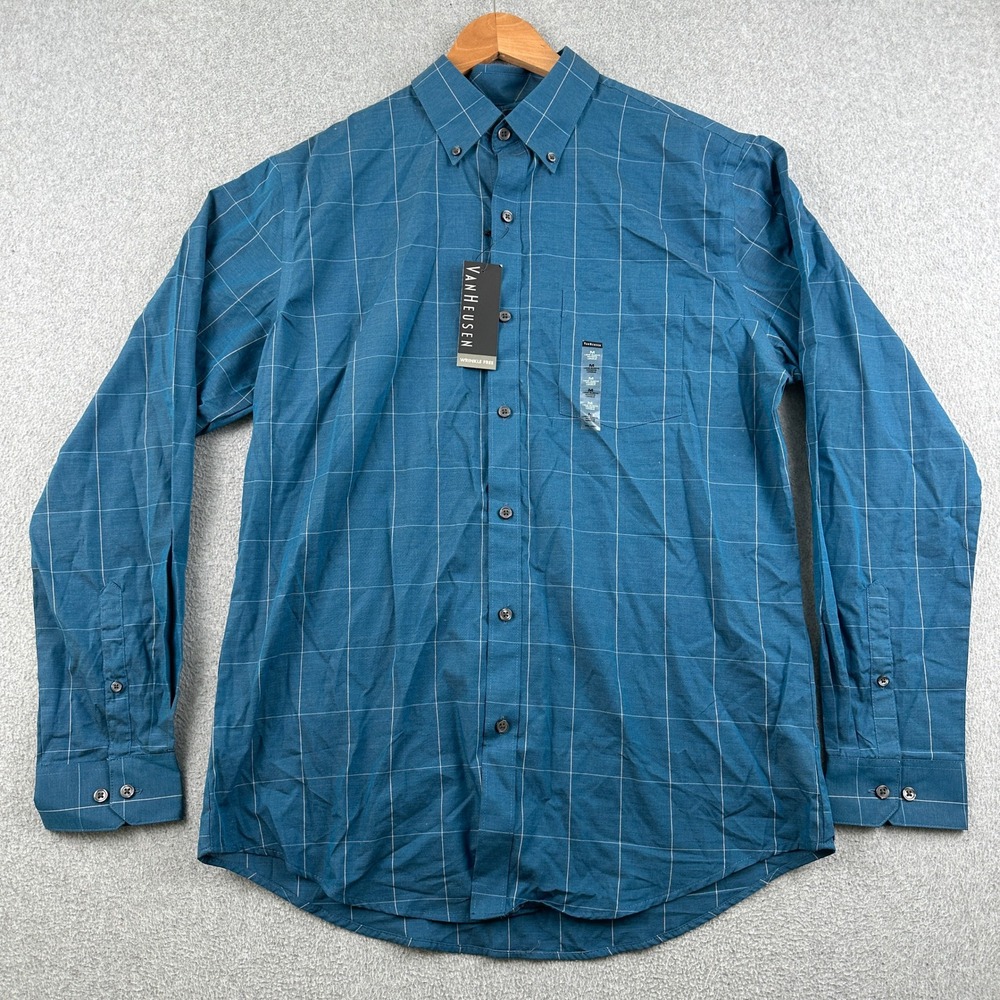 Van Heusen Button-Down Mens M Classic Fit Blue Windowpane Wrinkle Free NEW